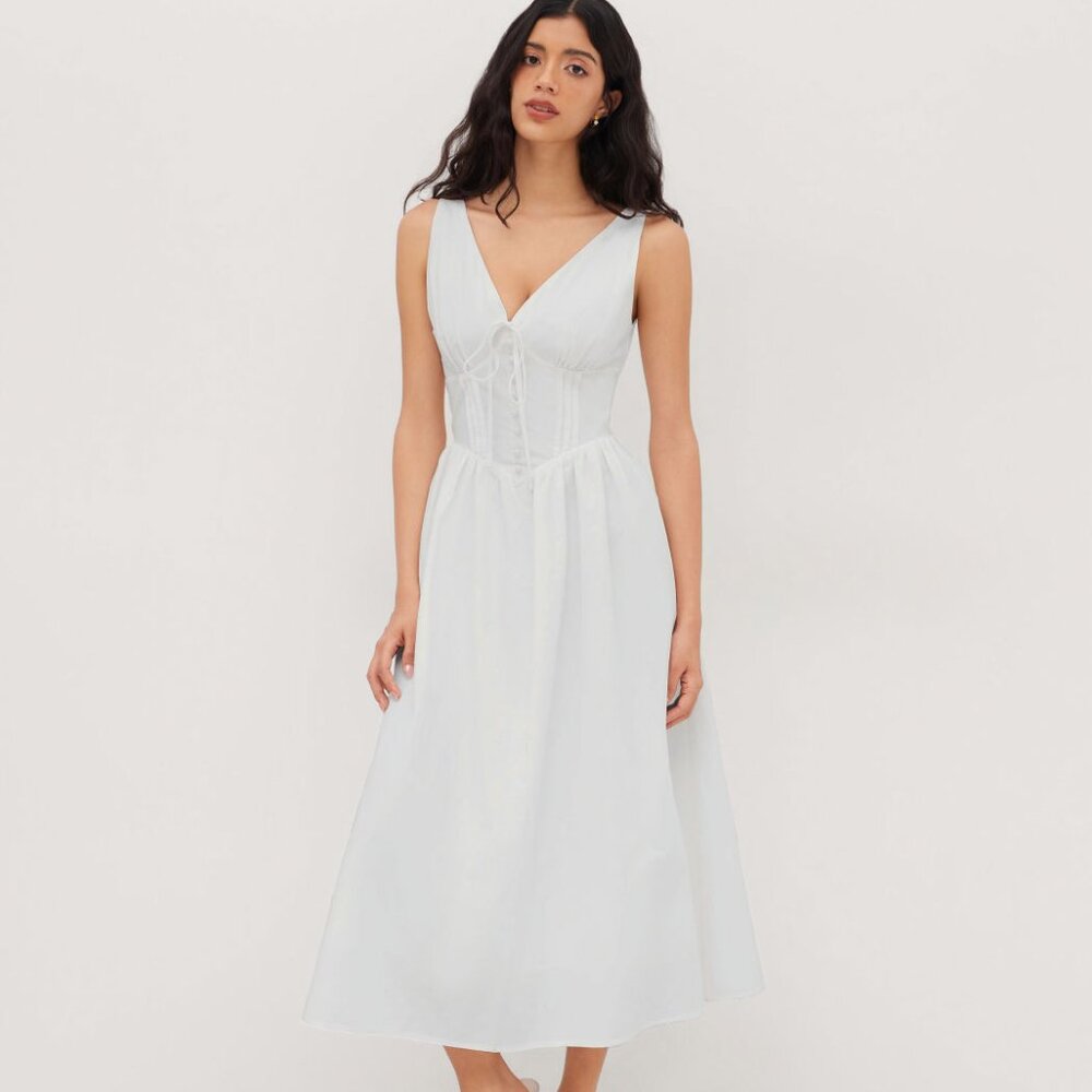 Cider 100%Cotton V-neck Pleated Knotted Maxi Dress